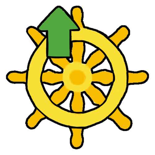  dharma wheel with a green 'up' arrow to the upper left.